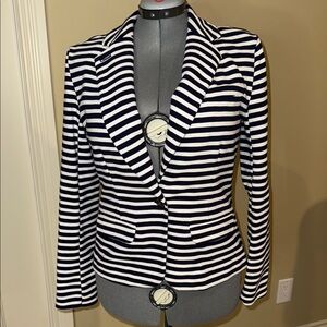 Merona Blazer Blue White Horizontal Striped Tailored Cotton Blend Women Jacket
